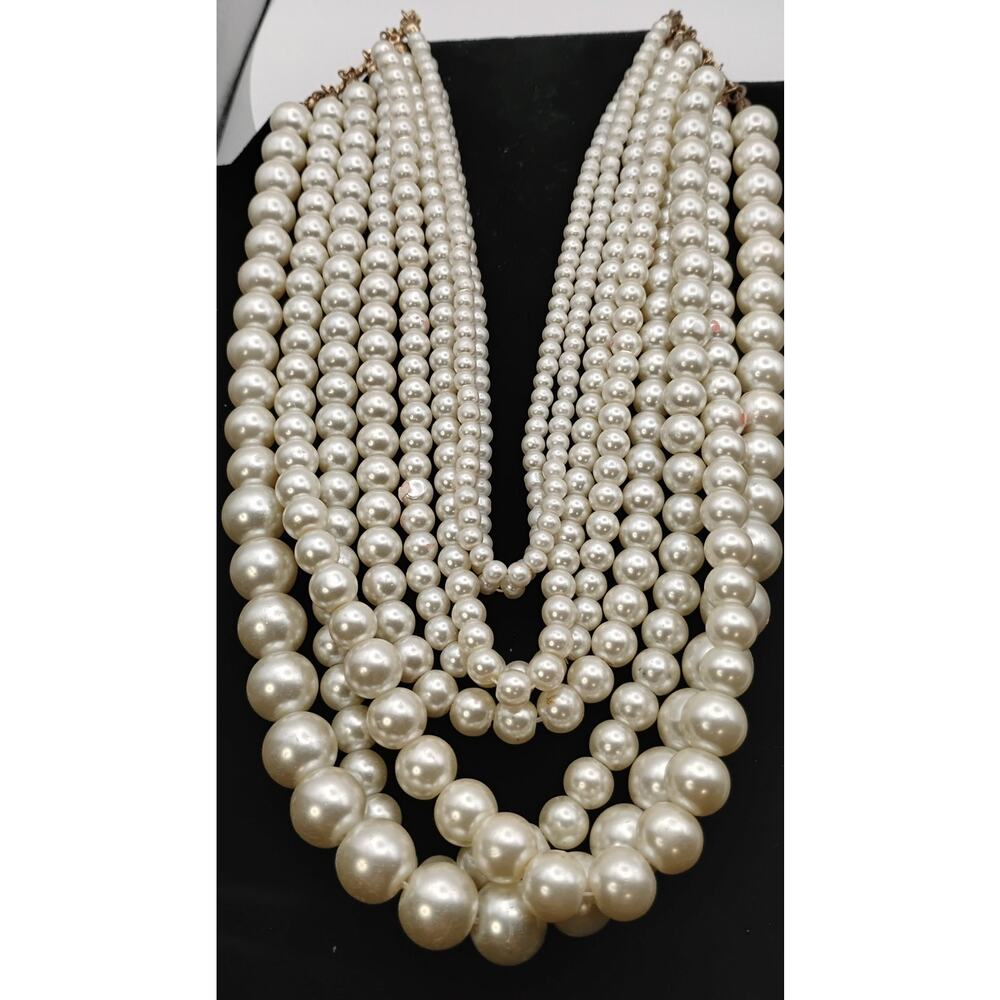 Vintage 8 Strand Faux Pearl Statement Necklace Gold Tone Bib Style
